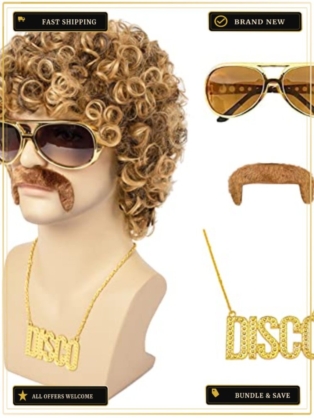 Afro Wig Set Heat Resistant Synthetic Men Costume Party 5 Piece